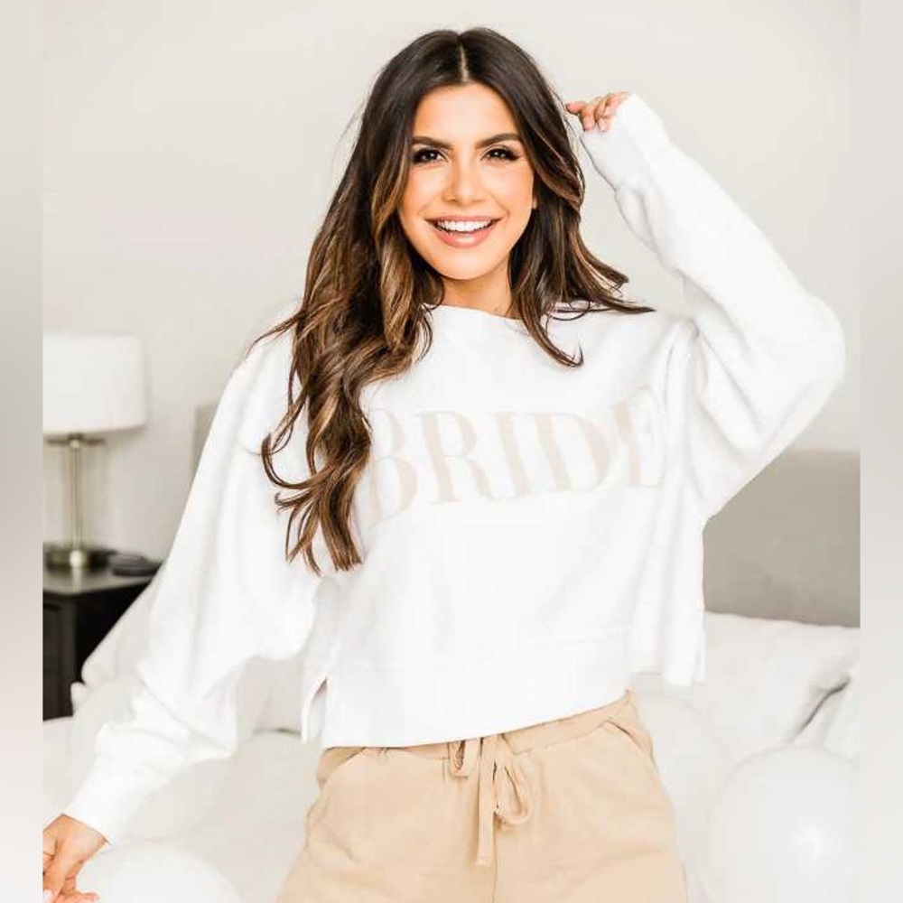 PINK LILY Bride Varsity White Cropped Corded Graphic Sweatshirt Size Small